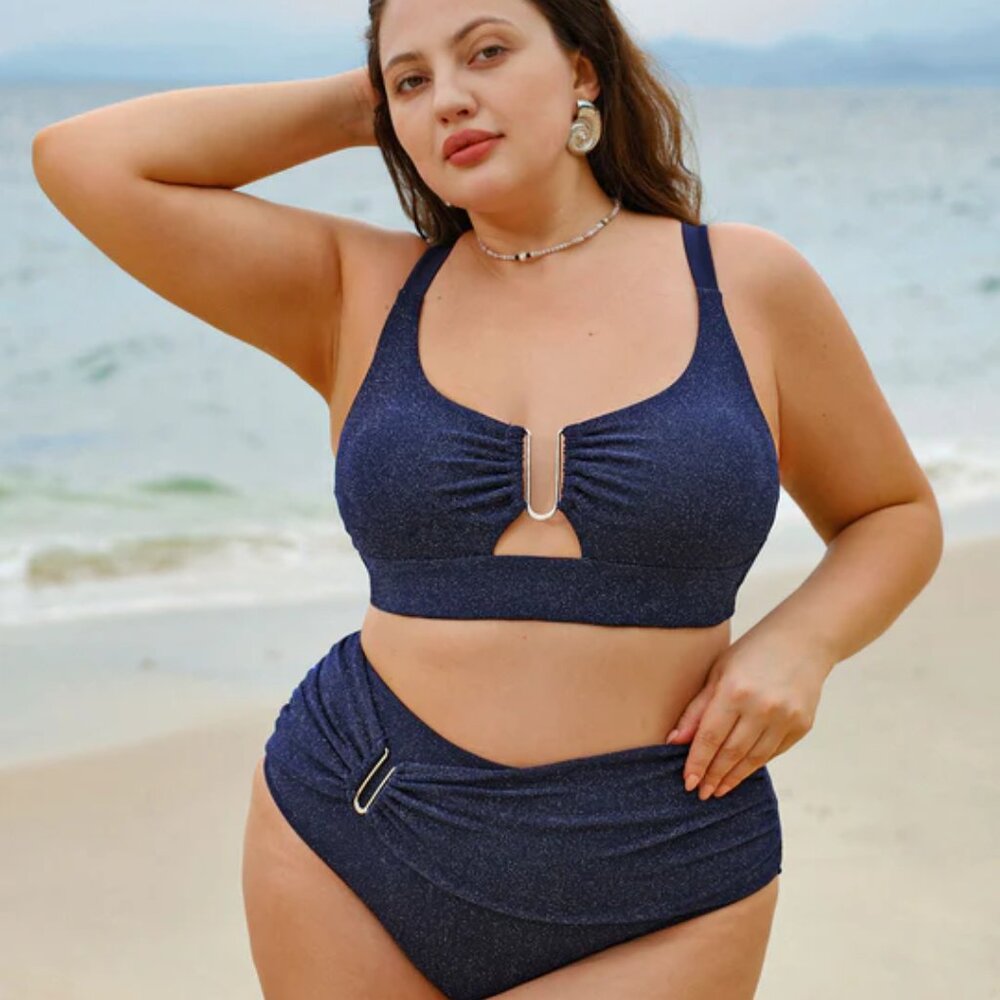 Berlook Blue Glitter Cut-Out Bikini Set | Size 16 | 1X | NWT | Plus Size | High